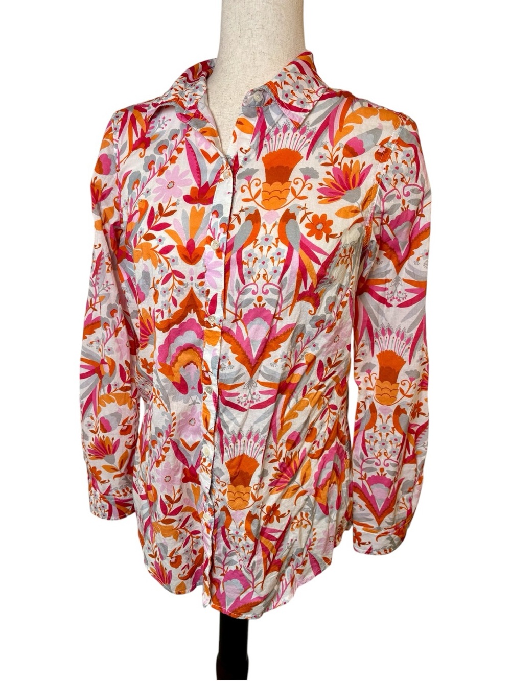 J.McLaughlin Pink Orange Bird Floral Cotton Shirt Preppy Boho Vacation Small